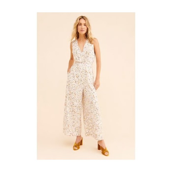SANCIA Pants - Sancia Elletra Floral V-Neck Wide Leg Jumpsuit White Botanical Open Back XS